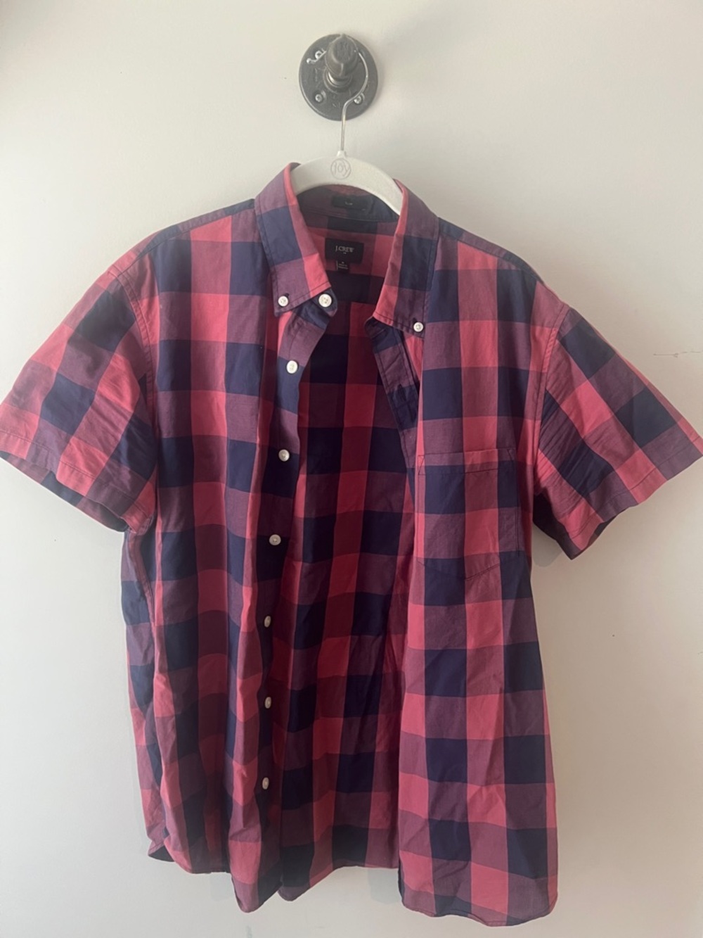 J. Crew Pink and Navy Short-Sleeve Check Button-Down Shirt
